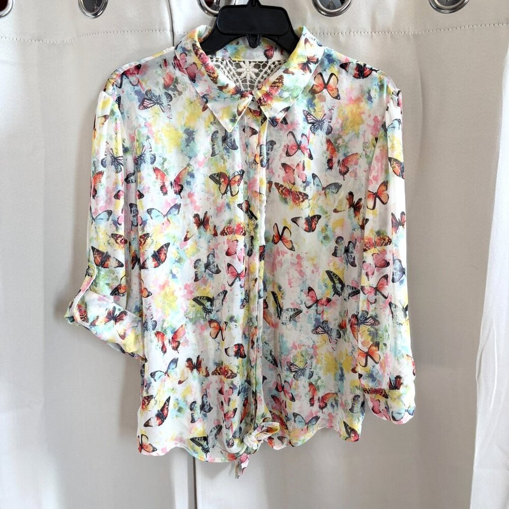 Whimsical Top Size 2XL Fairycore Button Up Y2K Sheer Chiffon Crochet Boho 18789x